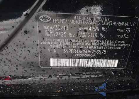 2013 Hyundai Sonata Gls from USA, damaged, VIN 5NPEB4AC8DH756975